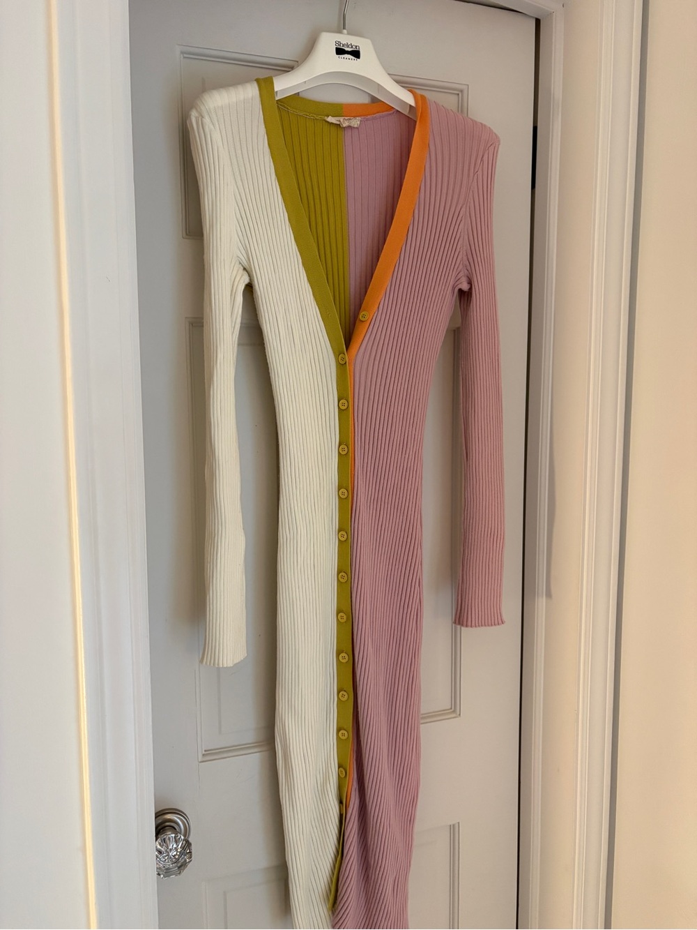 Mystree Colorblock Ribbed Long Cardigan - White, Olive, Dusty Pink, Orange Trim